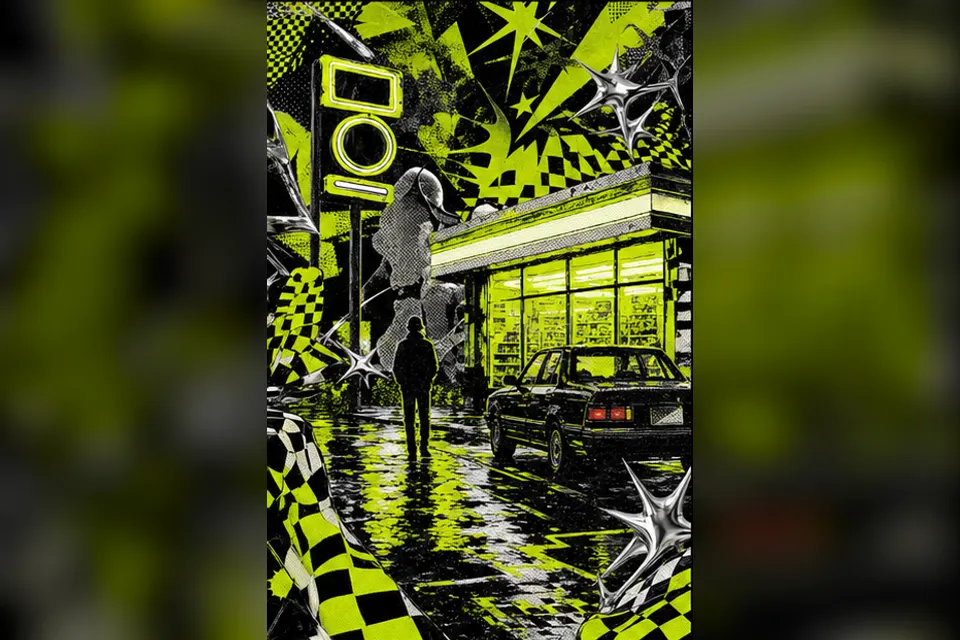 Rainy night convenience-store street experiment interpreted through Acid Graphics