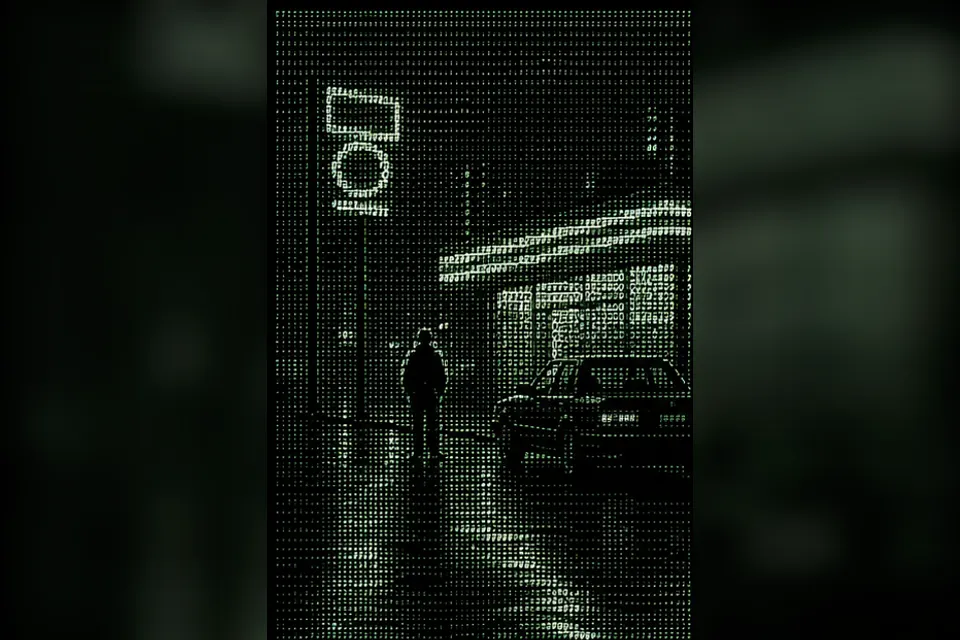 Rainy night convenience-store street experiment interpreted through ASCII Art