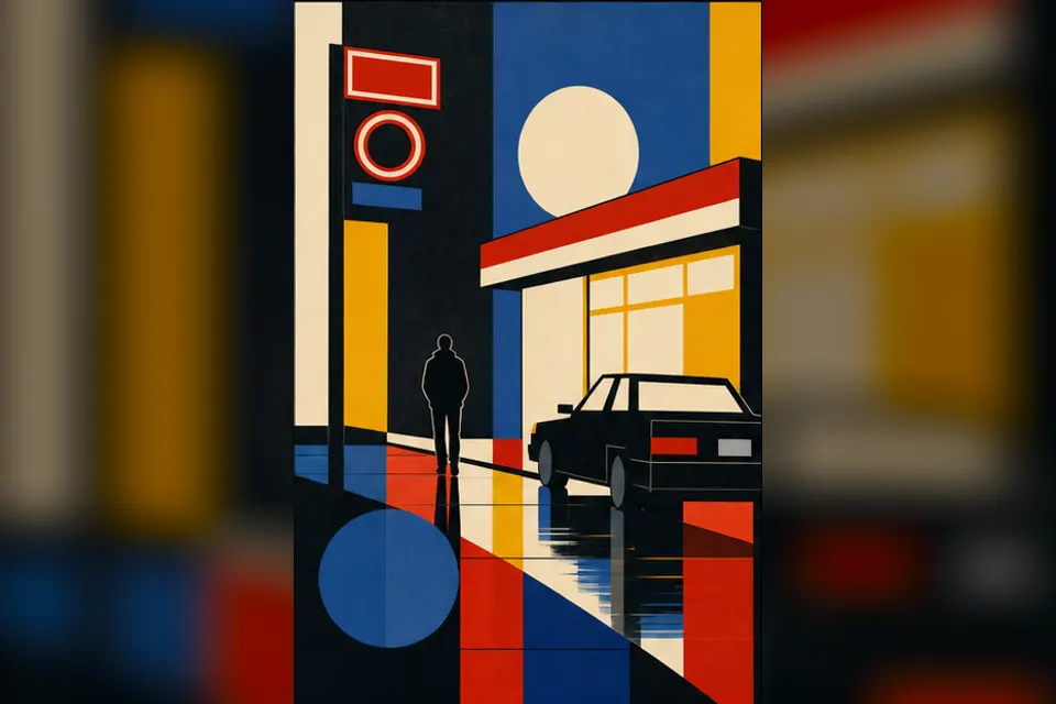 Rainy night convenience-store street experiment interpreted through Bauhaus