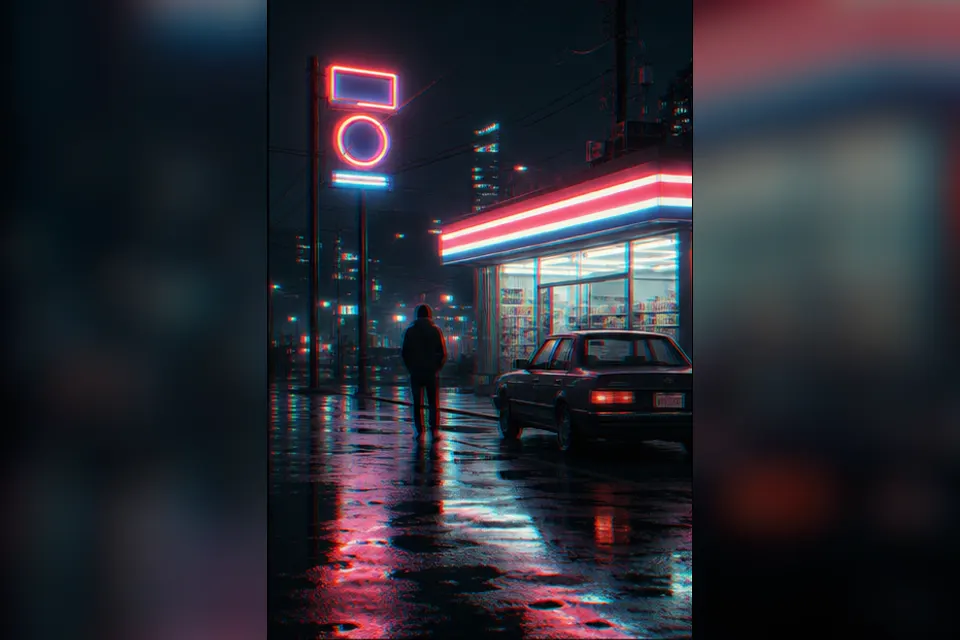 Rainy night convenience-store street experiment interpreted through Chromatic Aberration
