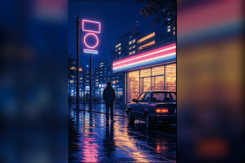 Rainy night convenience-store street experiment interpreted through City Pop