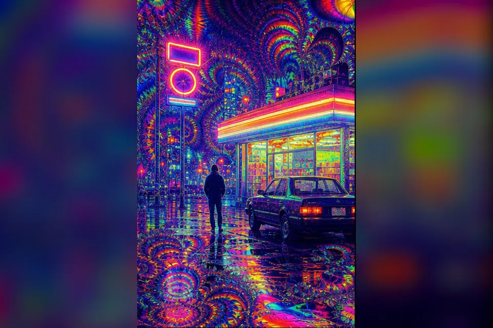 Rainy night convenience-store street experiment interpreted through Cyberdelic