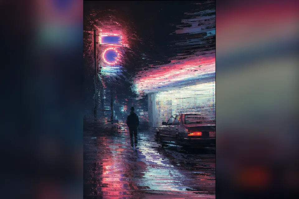 Rainy night convenience-store street experiment interpreted through Datamoshing