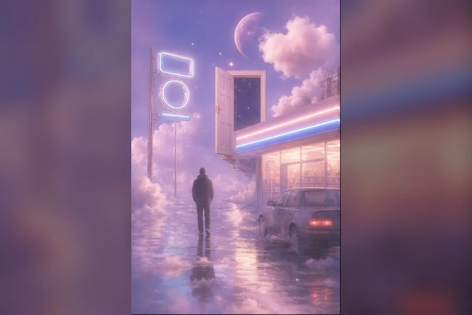 Rainy night convenience-store street experiment interpreted through Dreamcore