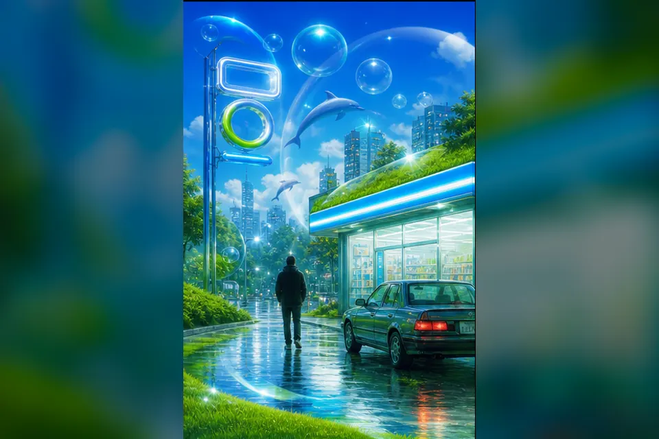 Rainy night convenience-store street experiment interpreted through Frutiger Aero