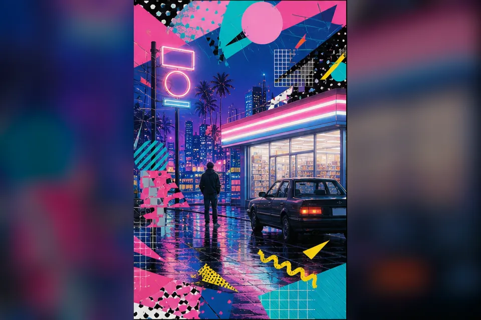 Rainy night convenience-store street experiment interpreted through Future Funk