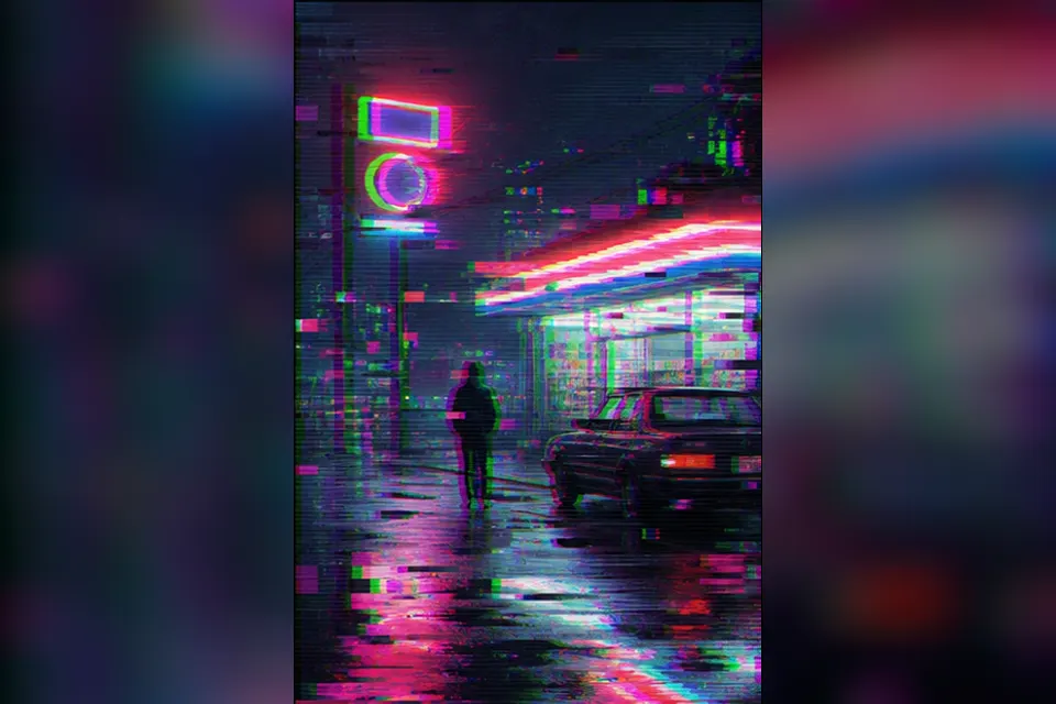 Rainy night convenience-store street experiment interpreted through Glitch Art