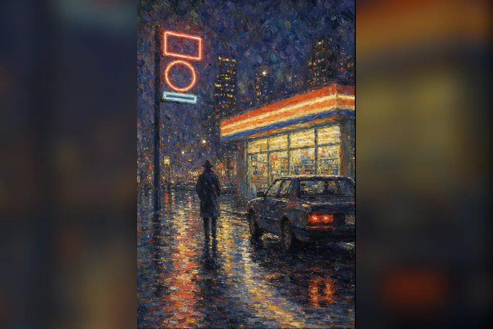 Rainy night convenience-store street experiment interpreted through Impressionism