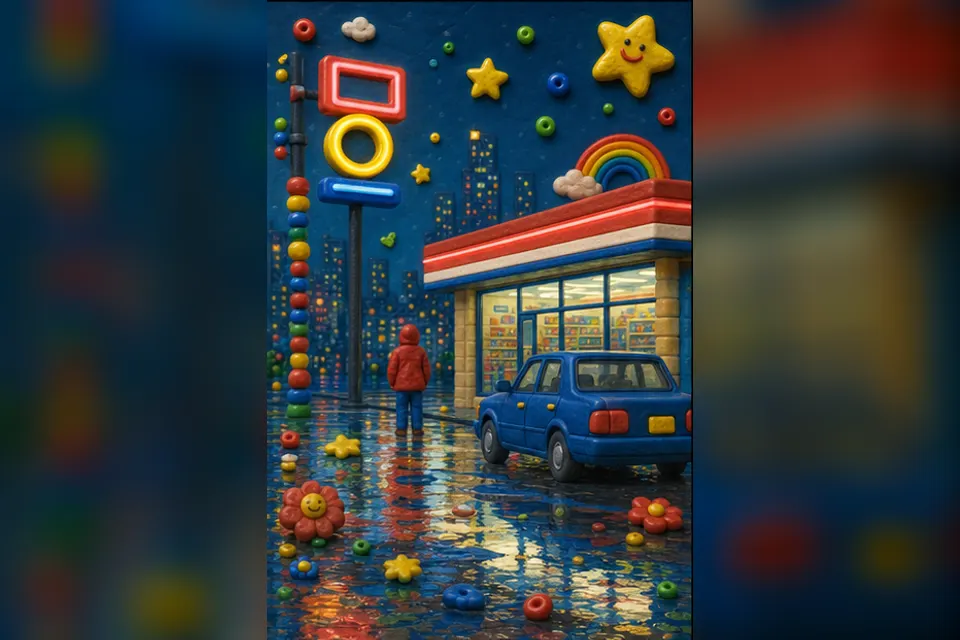 Rainy night convenience-store street experiment interpreted through Kidcore