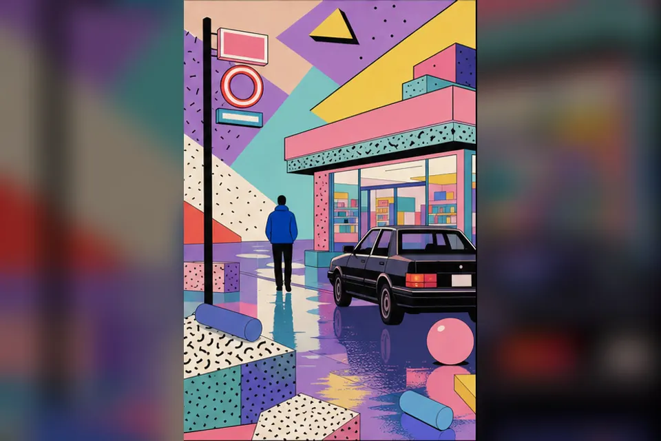Rainy night convenience-store street experiment interpreted through Memphis Design