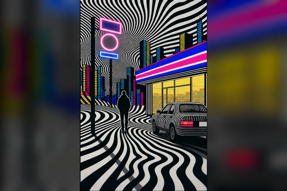 Rainy night convenience-store street experiment interpreted through Op Art
