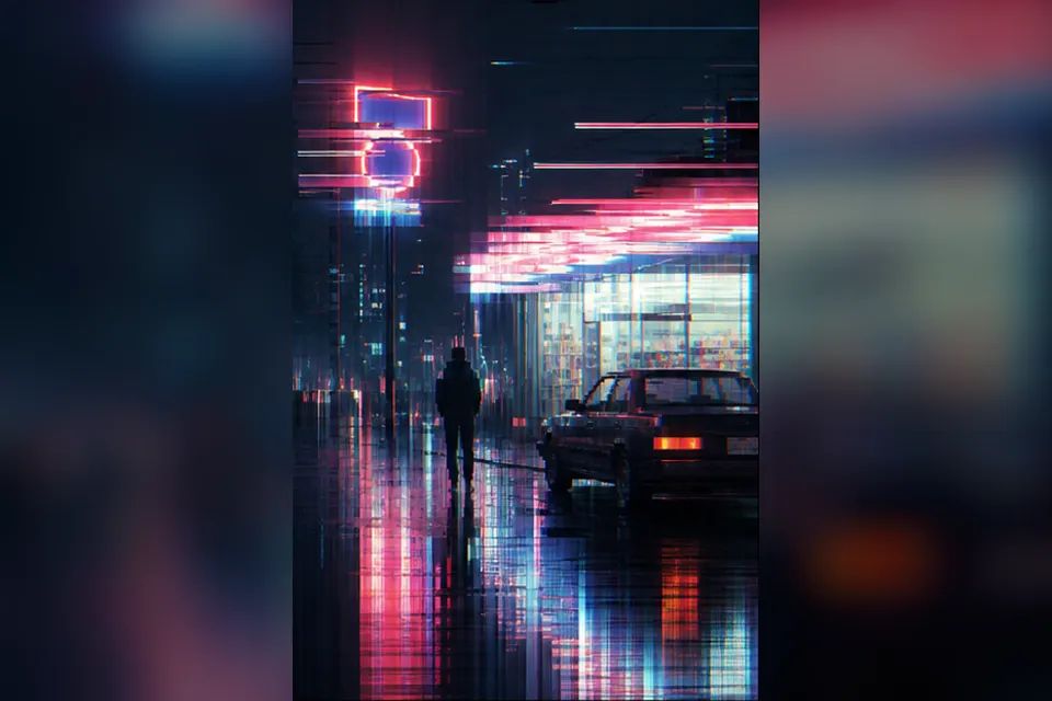 Rainy night convenience-store street experiment interpreted through Pixel Sorting