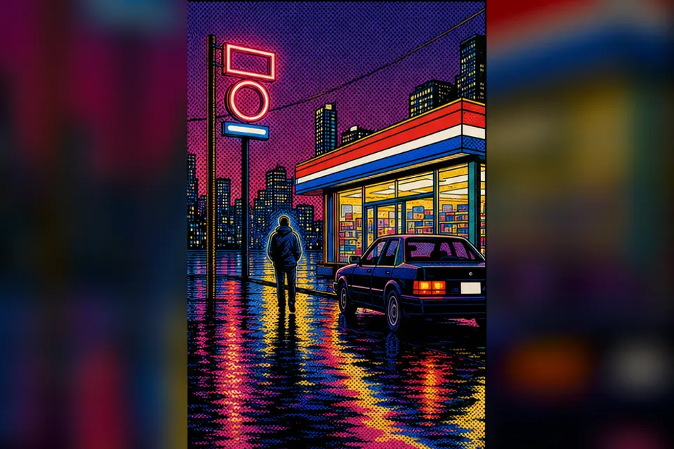 Rainy night convenience-store street experiment interpreted through Pop Art