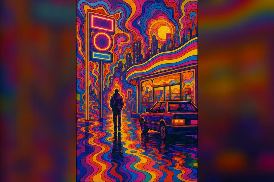 Rainy night convenience-store street experiment interpreted through Psychedelic Art