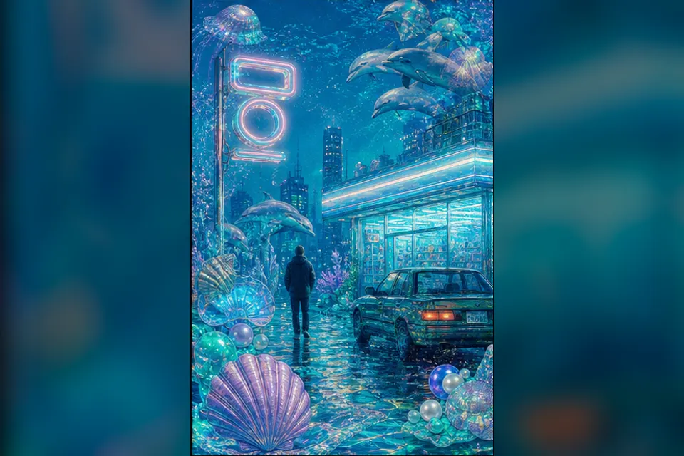 Rainy night convenience-store street experiment interpreted through Seapunk