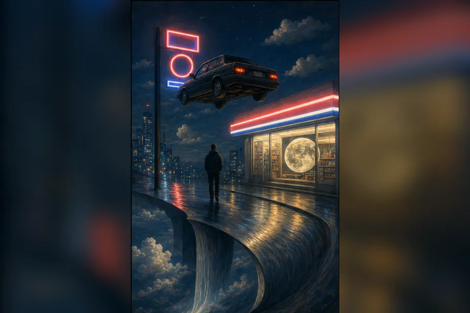 Rainy night convenience-store street experiment interpreted through Surrealism
