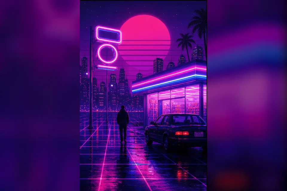 Rainy night convenience-store street experiment interpreted through Synthwave