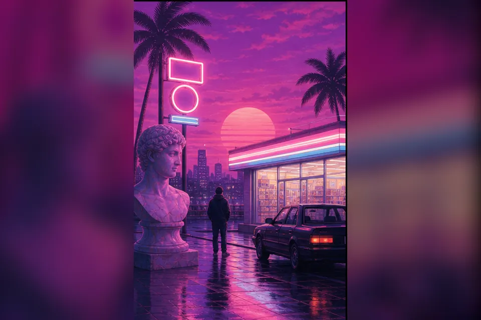 Rainy night convenience-store street experiment interpreted through Vaporwave