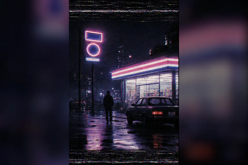 Rainy night convenience-store street experiment interpreted through VHS / Analog Horror