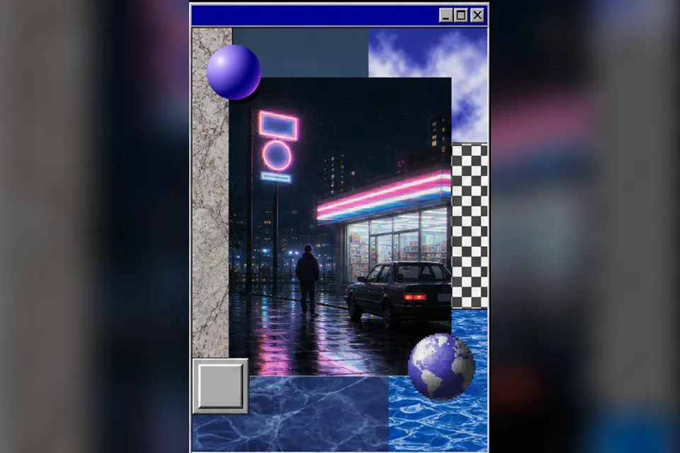 Rainy night convenience-store street experiment interpreted through Web Brutalism
