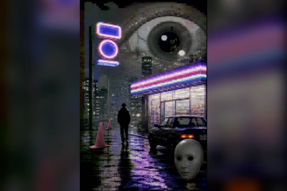 Rainy night convenience-store street experiment interpreted through Weirdcore
