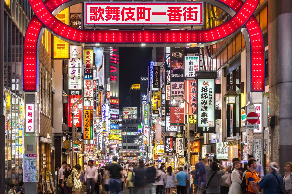 Kabukicho red gate and neon street signs at night, Shinjuku, Tokyo by Basile Morin, selected as a documented reference for City Pop