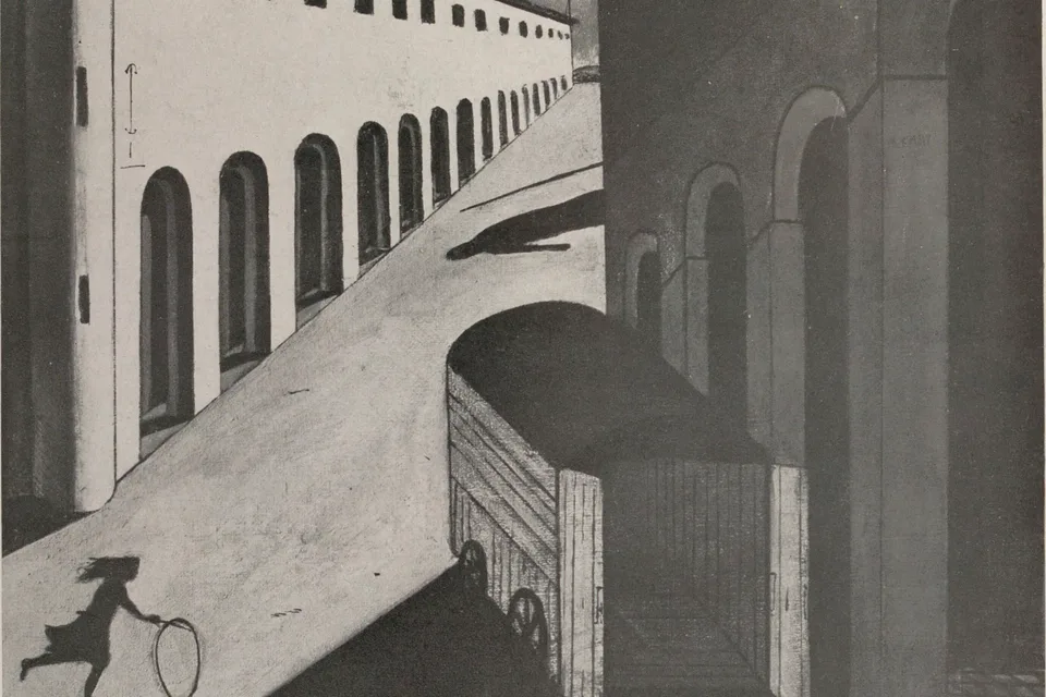 Mystère et mélancolie d'une rue (Mystery and Melancholy of a Street) by Giorgio de Chirico, selected as a documented reference for Surrealism
